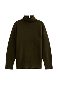 Dunkelgrüner Rollkragenpullover aus weichem Strickmaterial. Mit geripptem Kragen und einem gerippten Saum, in lässiger Passform mit überschnittenen Schultern.