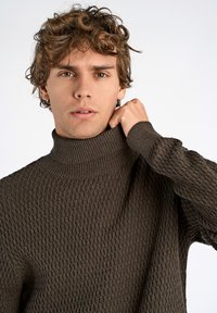 Brauner gestrickter Rollkragenpullover mit einem strukturierten Rautenmuster, ausgestattet mit einem gerippten Kragen und Bündchen sowie einer taillierten Passform.