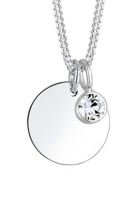 Silver necklace featuring a large circular pendant and a small round crystal accent, with a textured chain and polished finish.