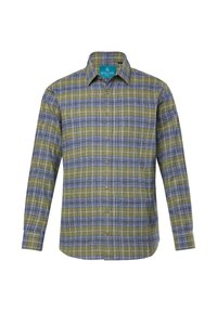 Košile s dlouhým rukávem a zapínáním na knoflíky, s vzorem zelené a modré kostičky, s špičatým límcem a viditelnou značkovou etiketou uvnitř límce.