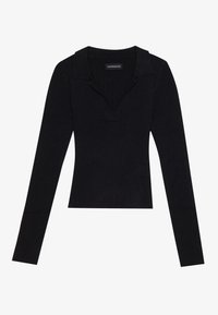Musta ribbed pitkähihainen paita, jossa on kauluksellinen V-pääntie, muotoiltu siluetti ja pehmeä tekstuuri. Merkkilogo näkyvissä kaula-aukon sisäpuolella.