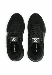 Black sneakers featuring a suede upper, rounded toe, lace-up design, plush lining, and a logo tag on the tongue. Textured sole for grip.