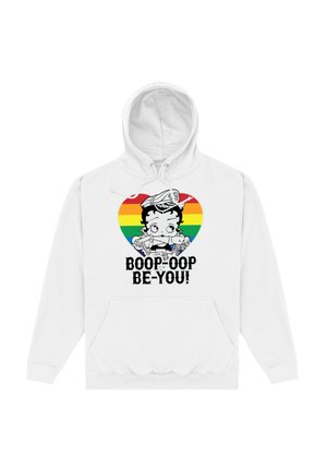 Biała bluza z kapturem z graficznym wzorem postaci oraz frazą "BOOP-OOP BE-YOU!" umieszczoną na środku, otoczoną tęczowym sercem.