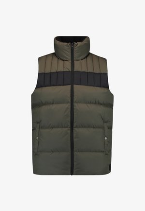 Mouwloze gewatteerde bodywarmer in olijfgroen met zwarte horizontale band, hoge kraag, ritssluiting aan de voorkant en zijzakken met drukknopen.