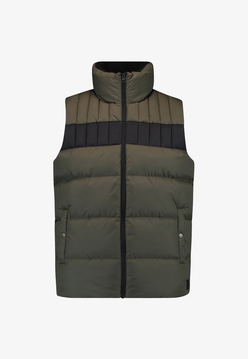 Veste matelassée sans manches en vert olive avec bande horizontale noire, col montant, fermeture éclair frontale et poches latérales à boutons-pression.