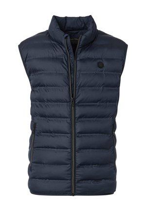 Marineblaue, gesteppte ärmellose Weste mit Frontreißverschluss, hohem Kragen und Reißverschlusstaschen an den Seiten, entworfen für Wärme und lässiges Tragen.