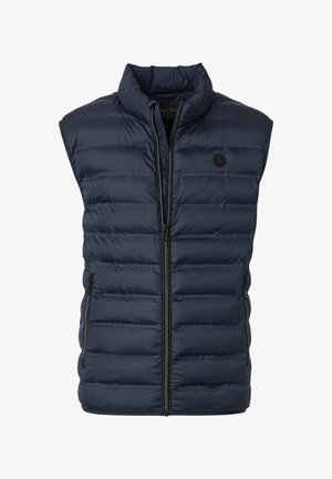 Veste sans manches matelassée bleu marine avec fermeture éclair frontale, col montant et poches latérales zippées, conçue pour la chaleur et un style décontracté.