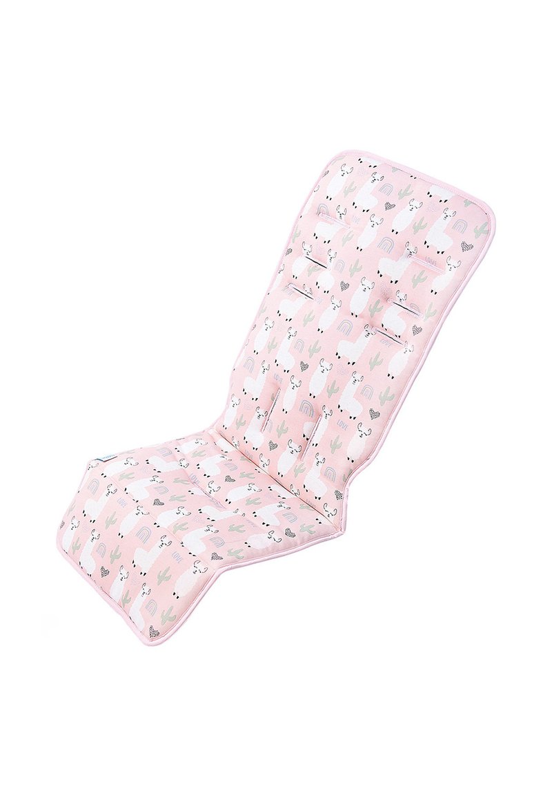 Różowa poduszka na siedzenie w kształcie leżącym, zdobiona wzorem z lamą i kaktusami, z uniesionymi sekcjami dla komfortu i gładką teksturą tkaniny.