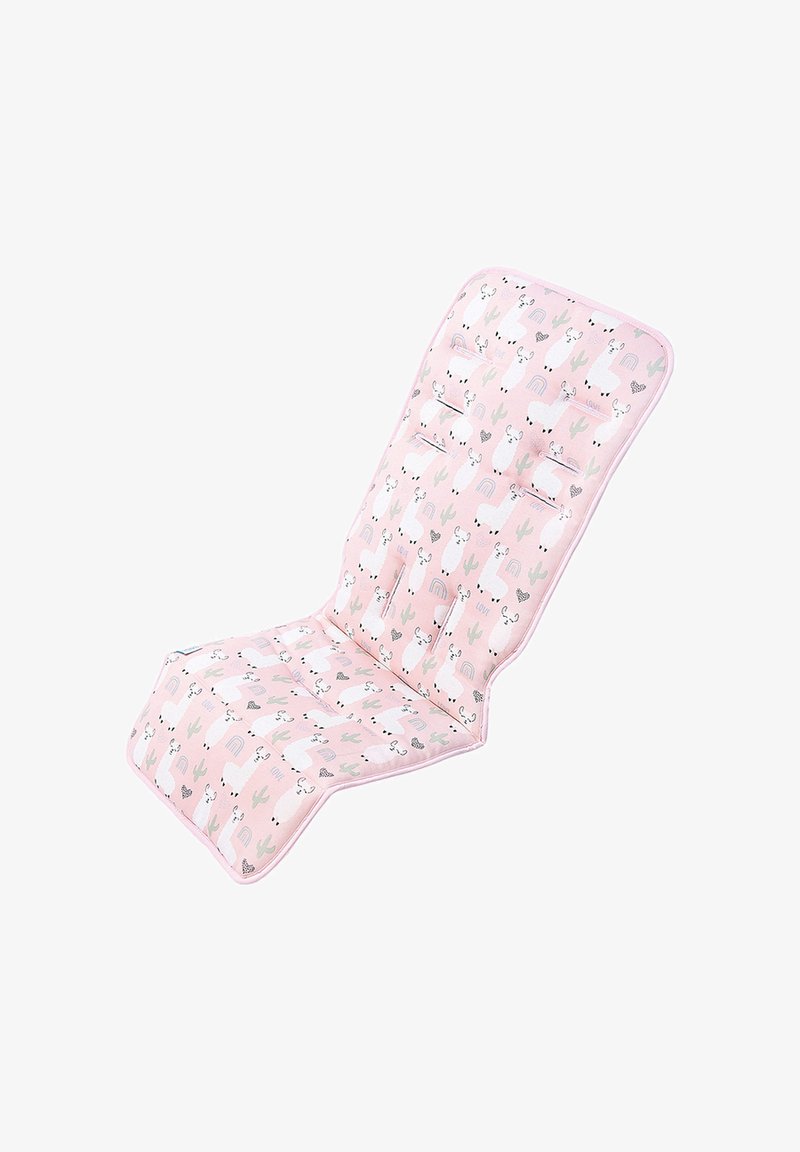 Różowa poduszka na siedzenie w kształcie leżącym, zdobiona wzorem z lamą i kaktusami, z uniesionymi sekcjami dla komfortu i gładką teksturą tkaniny.
