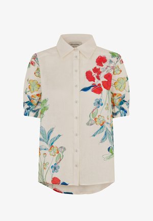 Ľanová košeľa s krátkym rukávom v krémovej farbe s výraznými kvetinovými vzormi v červenej, modrej a žltej farbe. Zapínanie na gombíky vpredu, zaoblený lem.