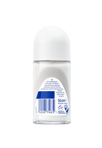 Clear cylindrical roll-on deodorant with a white dome cap, blue and white label displaying product information, and a barcode at the base.