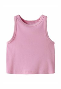 Débardeur côtelé rose clair avec une encolure ras du cou et une conception sans manches aux bords finis. Fabriqué à partir d'un mélange de coton doux et extensible.