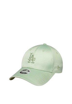 Hellgrüne Baseballkappe mit erhabenem LA-Logo auf der Vorderseite und New Era-Logo an der Seite, mit gebogenem Schirm und verstellbarem Riemen.