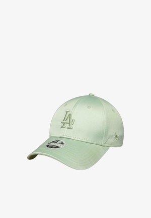 Hellgrüne Baseballkappe mit erhabenem LA-Logo auf der Vorderseite und New Era-Logo an der Seite, mit gebogenem Schirm und verstellbarem Riemen.