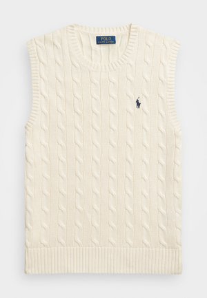 Cream sleeveless cable-knit sweater with ribbed hem. Features a small navy logo on the chest and textured pattern throughout.