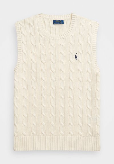 Κρεμ αμάνικο πουλόβερ με πλεκτό σχέδιο και ριμπ τελείωμα. Περιλαμβάνει ένα μικρό ναυτικό λογότυπο στο στήθος και υφασμάτινο σχέδιο σε όλη την επιφάνεια.