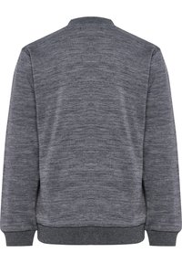 Grå sweatshirt med en subtil melerad textur, ribbade ärmslut och midja. Har rund hals och en enkel, diskret design.