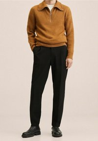 Brauner, gestrickter Pullover mit Frontreißverschluss und flachem Kragen, kombiniert mit schwarzen Hosen und schwarzen Stiefeletten. Einfarbige Texturen, keine Muster.