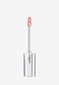 L'Oréal Paris lipproduct met een zilverkleurige metalen tube en een witte applicator. De applicator heeft een pluizige, roze ronde tip voor het aanbrengen.