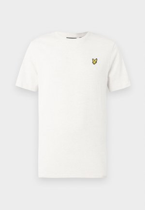 Wit katoenen T-shirt met korte mouwen, voorzien van een geel geborduurd vogellogo op de linkerborst. Eenvoudig ontwerp met een ronde hals.