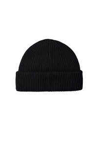 Beanie a coste nera con risvolto, caratterizzato da una texture verticale e una sommità arrotondata, realizzato in tessuto morbido e caldo.