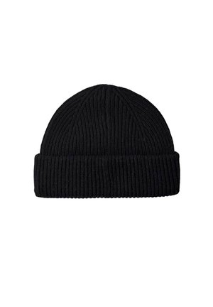 Beanie a coste nera con risvolto, caratterizzato da una texture verticale e una sommità arrotondata, realizzato in tessuto morbido e caldo.
