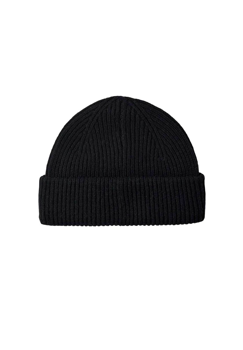 Beanie a coste nera con risvolto, caratterizzato da una texture verticale e una sommità arrotondata, realizzato in tessuto morbido e caldo.