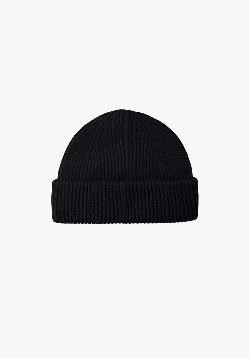 Beanie a coste nera con risvolto, caratterizzato da una texture verticale e una sommità arrotondata, realizzato in tessuto morbido e caldo.
