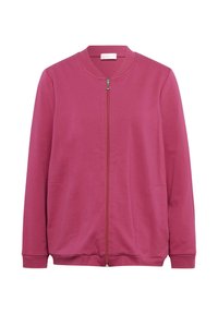 Giacca fucsia con zip realizzata in un tessuto morbido. Presenta un collo rotondo, due tasche frontali e polsini e orlo a costine.