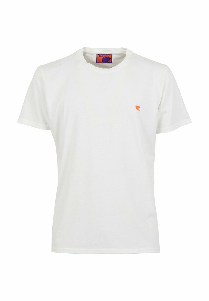 T-shirt bianca in cotone con scollatura rotonda, maniche corte e un piccolo logo arancione sul lato sinistro del petto. Texture liscia e vestibilità classica.