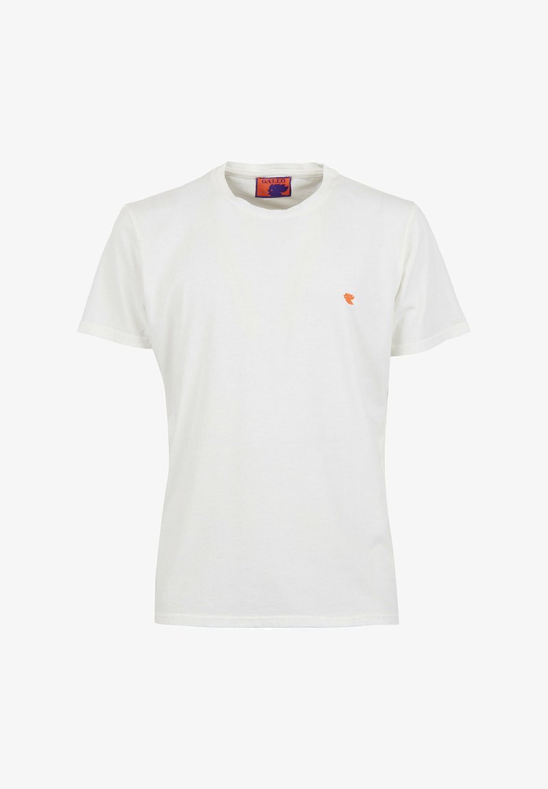 White cotton t-shirt with a round neckline, short sleeves, and a small orange logo on the left chest. Smooth texture and classic fit.