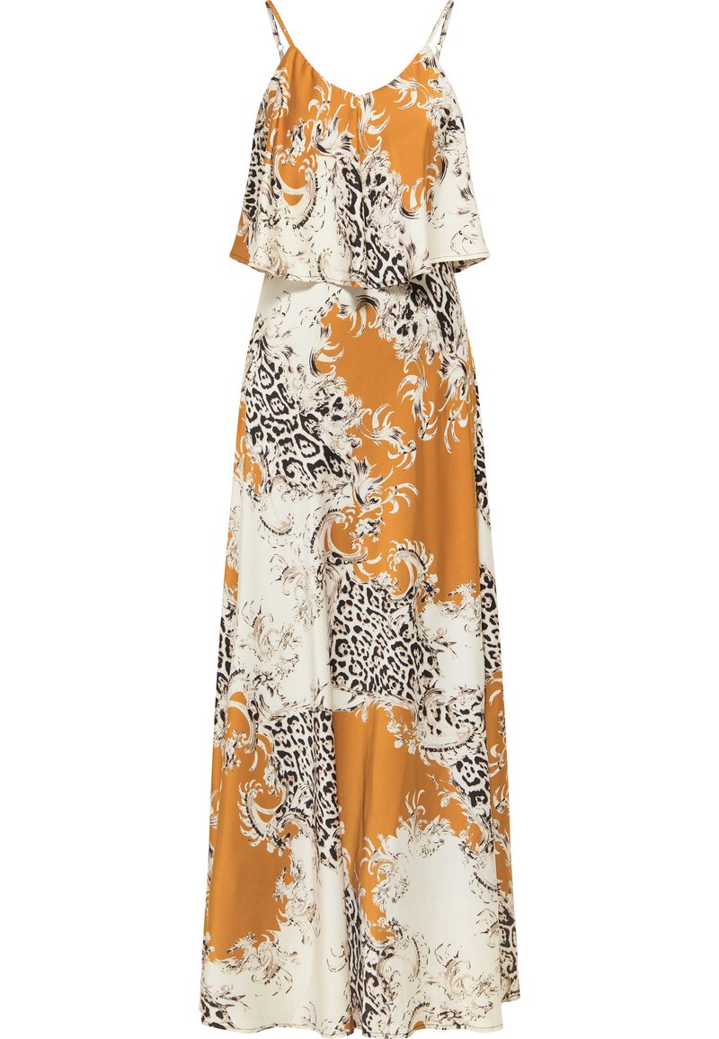 Maxikleid mit einem geschichteten, ausgestellten Design in Orange und Creme mit schwarzen spiralförmigen Mustern. Verstellbare Spaghetti-Träger und leichtes Material.