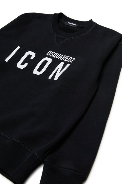 Felpa nera in cotone con colletto e polsini a costine. La parte anteriore presenta un grande testo bianco "DSQUARED2 ICON" in un font a blocchi. Texture liscia.