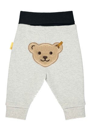 Gray sweatpants with a black elastic waistband and a bear face patch on the front. Features soft fabric and ribbed ankle cuffs.