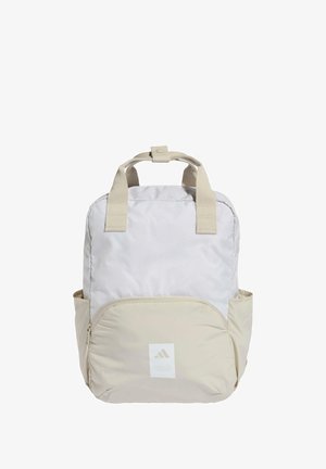 Beige backpack with a textured light gray top, two shoulder straps, a front zip pocket, and a white logo tag on the lower section.