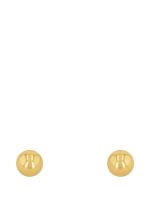 Goldene, sphärische Ohrstecker, glatte Oberfläche mit spiegelnder Qualität. Einfaches Design, minimalistischer Stil, passend zu verschiedenen Outfits.