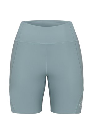 Een paar lichtblauwe sportshorts van rekbaar materiaal, met een hoge tailleband en een minimalistisch ontwerp zonder zichtbare patronen.