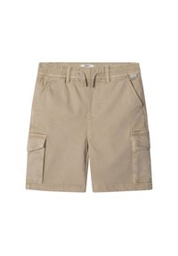 Beige krāsas šortai no kokvilnas maisījuma ar elastīgu jostasvietu, divām priekšējām kabatām un divām sānu kabatām kravas stila glabāšanai.
