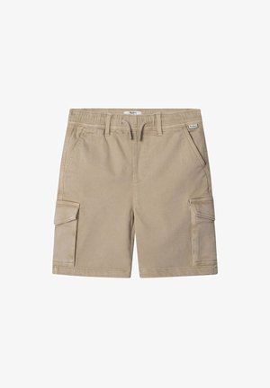 Pantaloni cargo beige realizzati in misto cotone, con vita elasticizzata, due tasche frontali e due tasche laterali cargo per riporre oggetti.