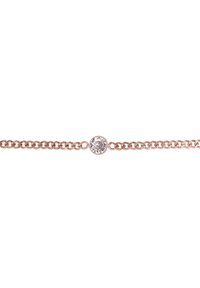 Armband aus Roségold mit einem zentralen runden, klaren Edelsteineinsatz, glatter Oberfläche und miteinander verbundenen Gliedern.