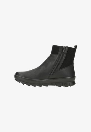 Schwarze Knöchelstiefel aus strukturiertem Leder mit seitlichem Reißverschluss, elastischer Stoffeinlage und robustem Sohlendesign, ideal für die Freizeit.