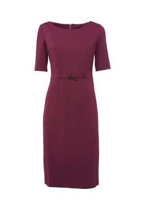 Abito bordeaux con scollatura rotonda, maniche corte, corpetto aderente e un accento decorativo nero in vita. Tessuto dalla consistenza liscia.