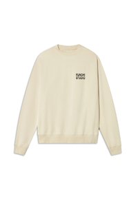 Crème-kleurig sweatshirt gemaakt van zachte stof. Heeft ribgebreide mouwen en zoom. Op de linkerkant van de borst staat de tekst "FUNGHISTUDIO" in het zwart.