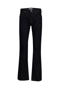 Jean évasé bleu foncé en denim avec une texture lisse. Doté de cinq poches, de quincaillerie en laiton et de surpiqûres contrastées.