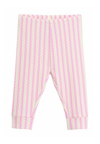 Rosa-weiß gestreifte Baby-Leggings mit elastischem Bund und umgeschlagenen Bündchen, mit einem wellenförmigen vertikalen Muster.