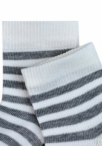 Cotton blend socks featuring a white base with gray horizontal stripes, ribbed cuff, and soft texture. Suitable for casual wear.
