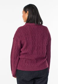 Bordeaux kaapukudumitoobiga sviiter ümmarguse kaelusega ja soonikuga ääristusega. Pikkade varrukatega ja struktuurse mustriga, mis lisab kangale sügavust.