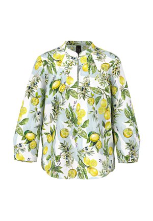 Long-sleeve blouse with yellow lemon and green leaf print on a light background, featuring a small stand collar and front slit neckline.