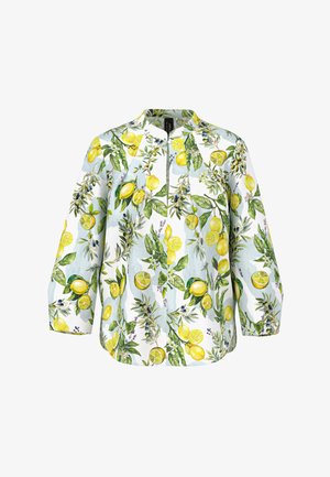 Langarmbluse mit gelbem Zitronen- und grünen Blattdruck auf hellem Hintergrund, mit kleinem Stehkragen und Frontschlitz am Ausschnitt.