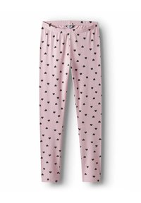 Rózsaszín leggings, elasztikus derékkal, kis fekete szívek mintázatával, amelyek egyenletesen elosztva találhatók az anyagon.